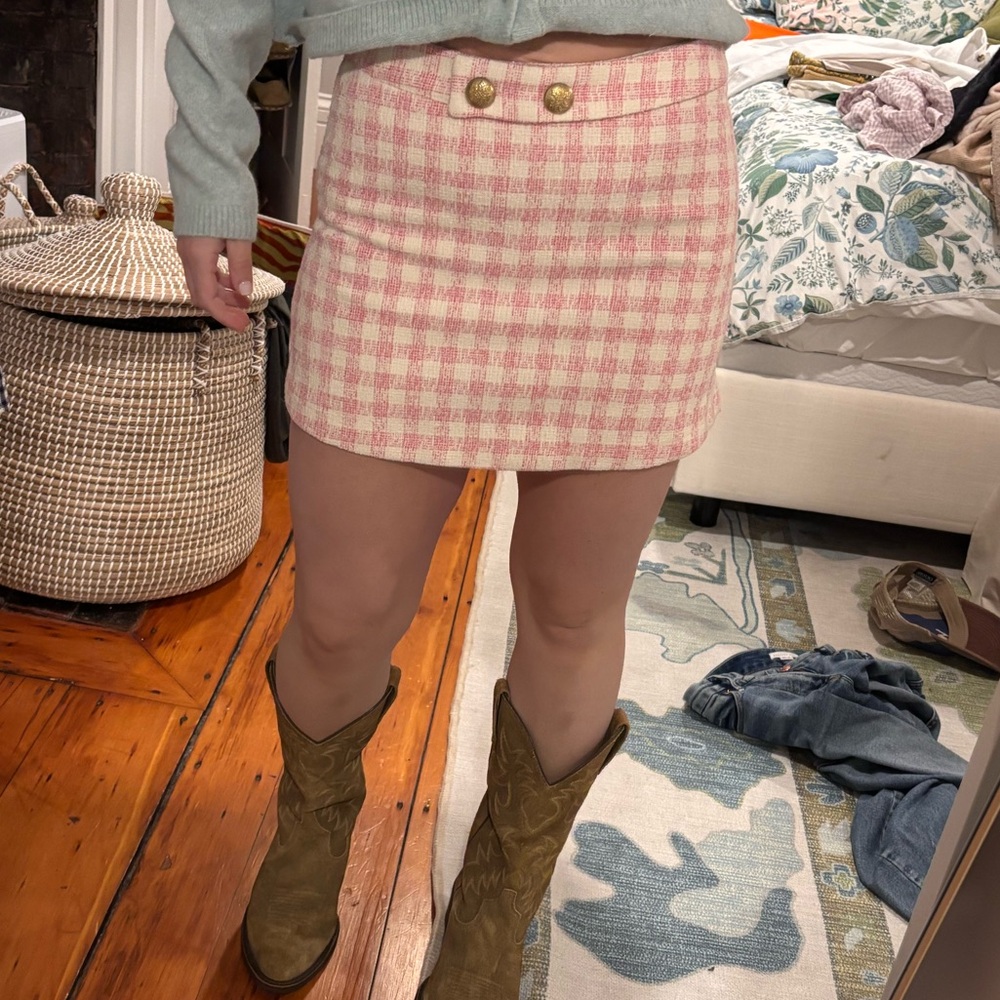 Zara Pink Gingham Tweed Checkered Mini Skirt Skort Size Small